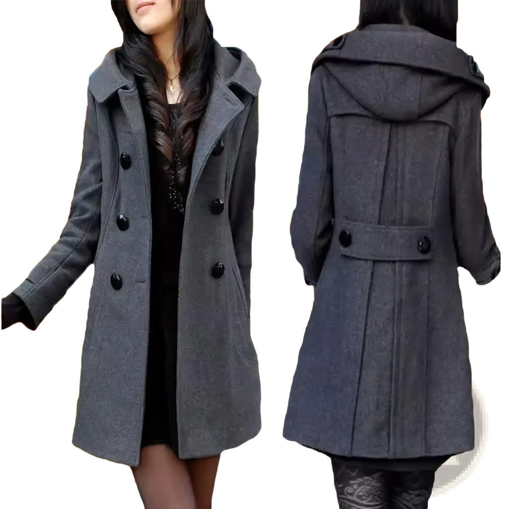 Gray woolen hooded double-breasted coat with black buttons designed for warmth and style in cold weather