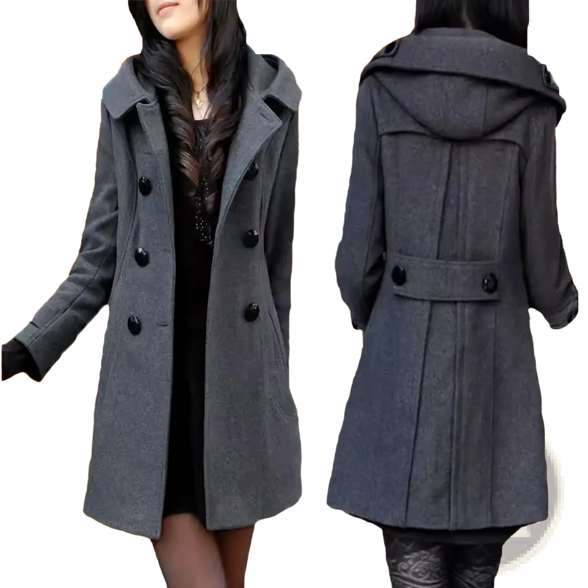Gray woolen hooded double-breasted coat with black buttons designed for warmth and style in cold weather