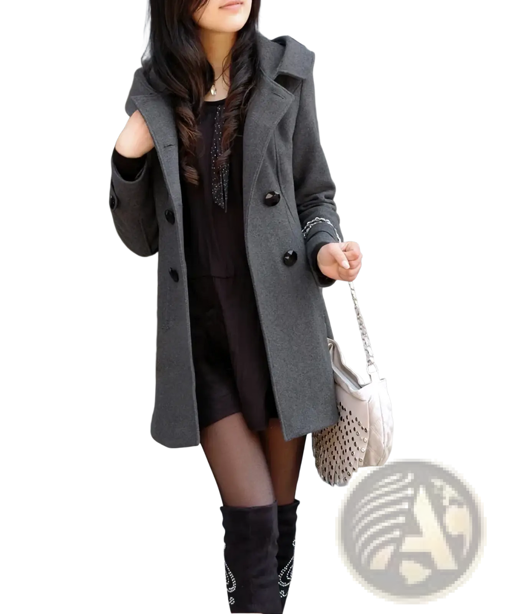 Gray woolen hooded double-breasted coat with black buttons and notched collar for stylish cold weather wear