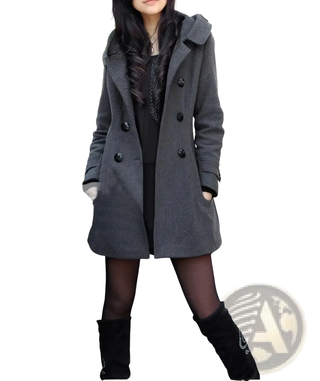 Gray woolen hooded double-breasted coat with black buttons designed for warmth and style