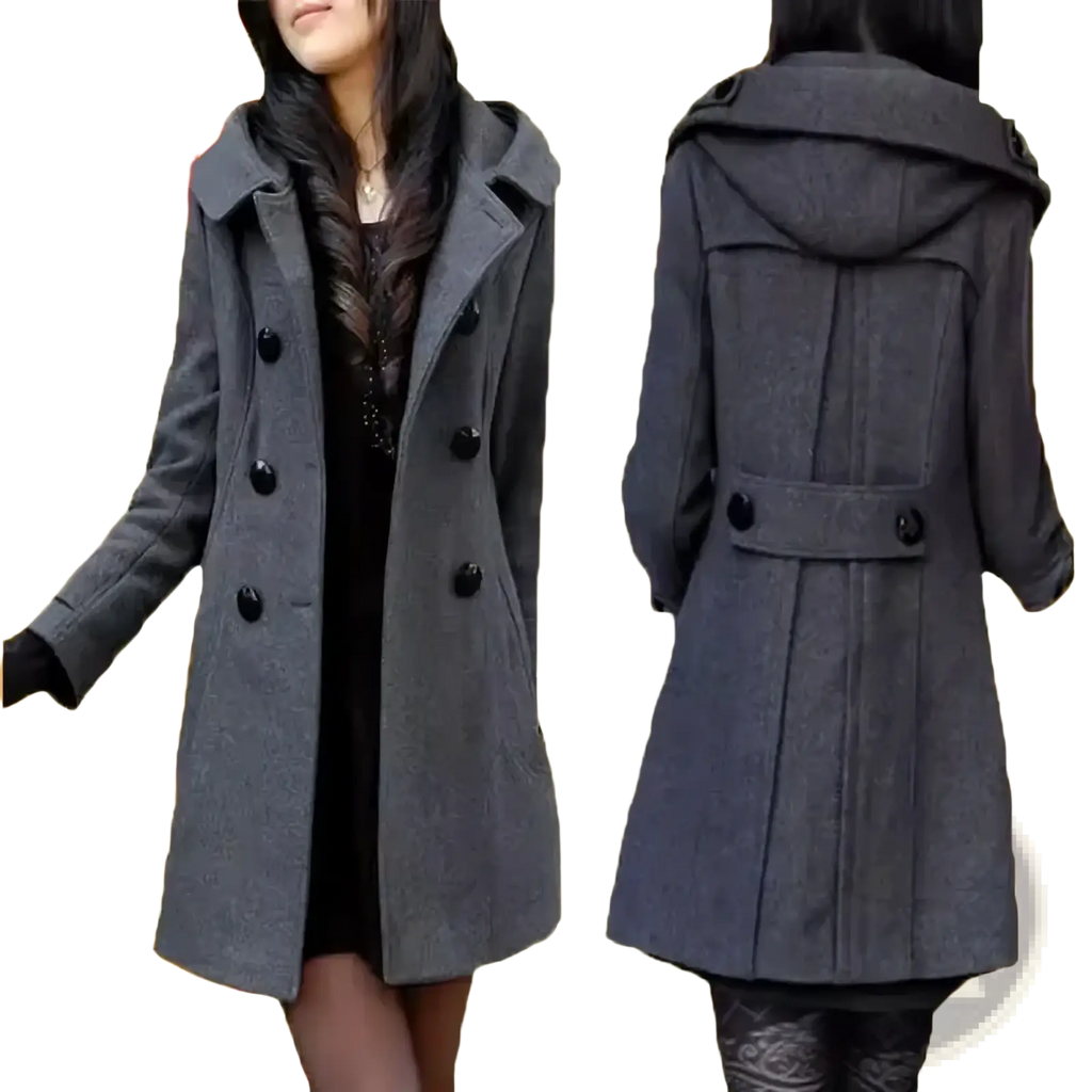 Gray woolen hooded double-breasted coat with black buttons showcases warm and stylish outerwear design