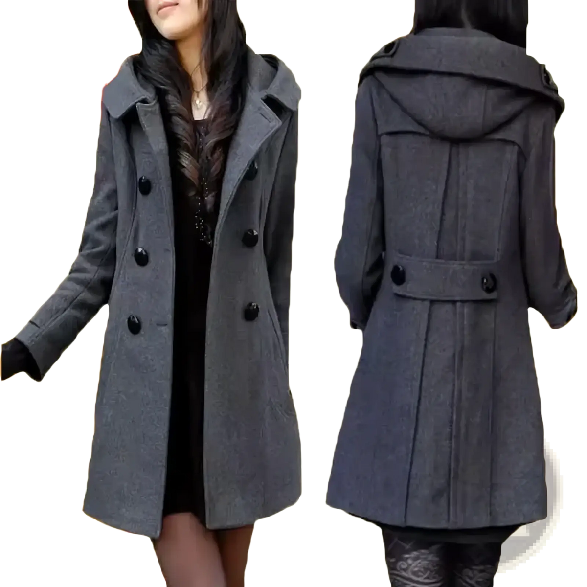Gray woolen hooded double-breasted coat with black buttons showcases warm and stylish outerwear design