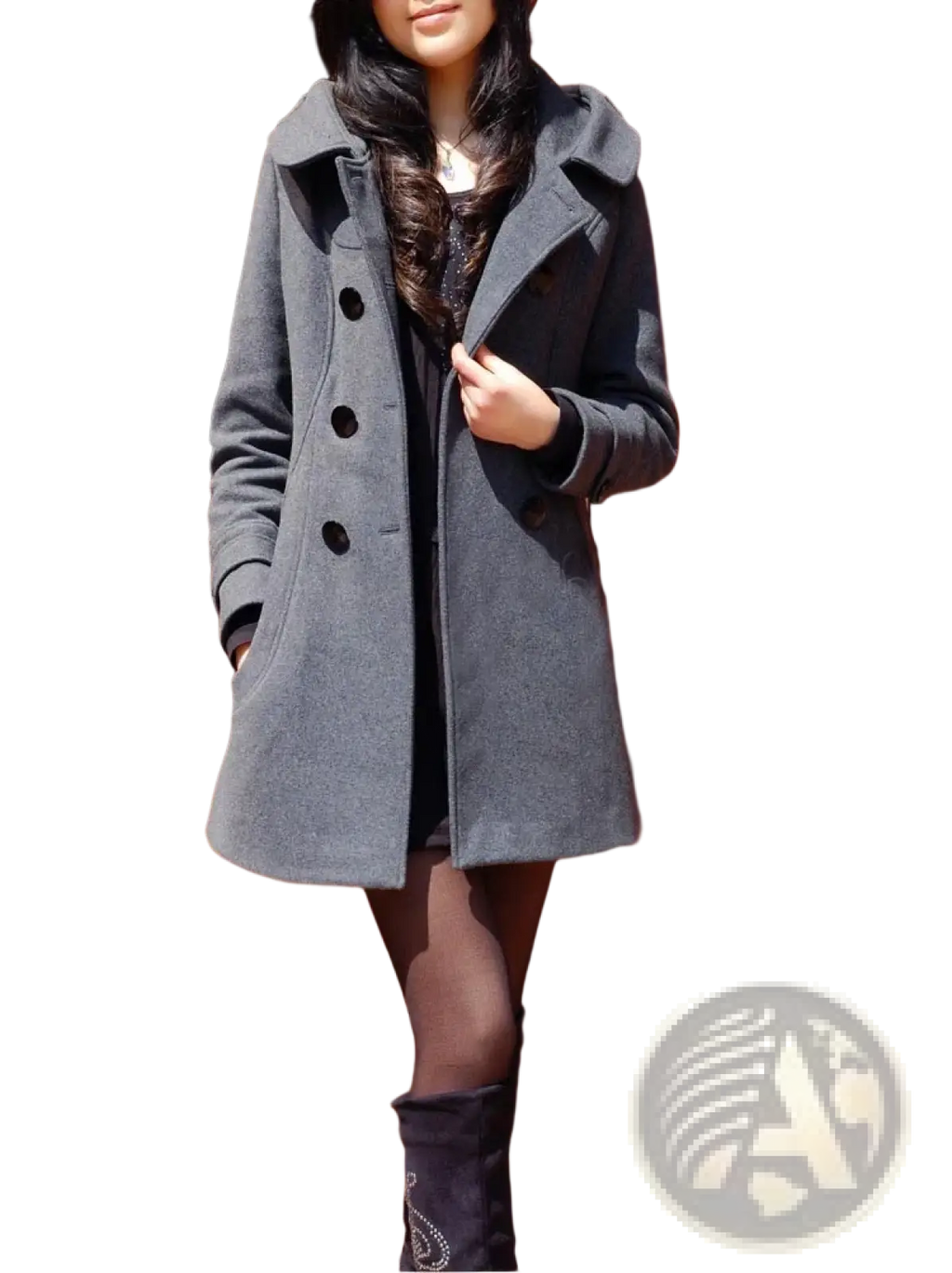Gray woolen hooded double-breasted coat with black buttons and a notched collar for cold weather wear