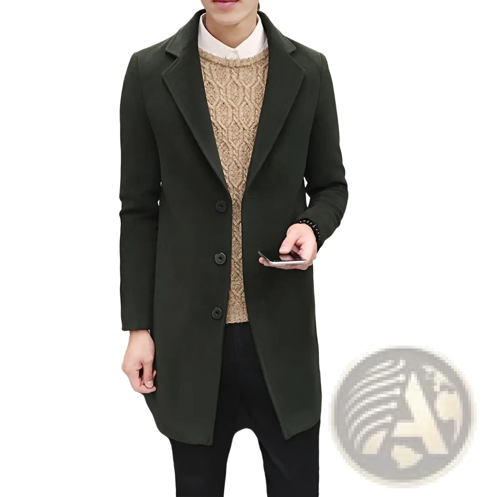 Dark green woolen mens slim fit overcoat with notched lapels and three black buttons in trench coat style