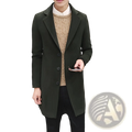 Dark green woolen mens slim fit overcoat with notched lapels and three black buttons in trench coat style