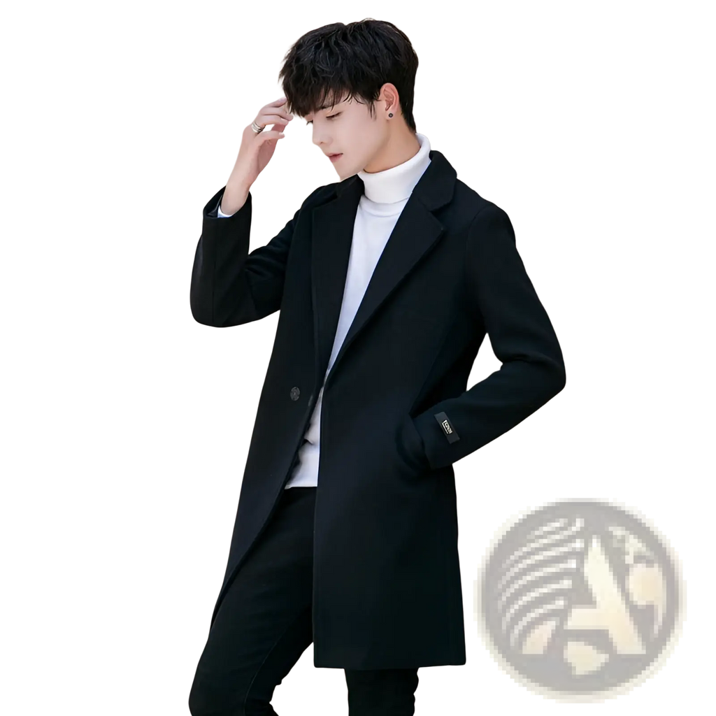 Black woolen mens slim fit trench coat with classic double-breasted design and subtle cuff branding