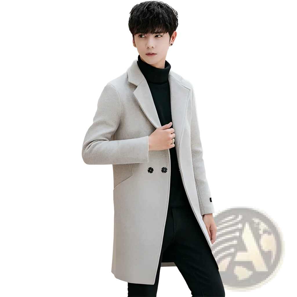 A sleek light gray woolen mens slim fit trench coat with classic double-breasted design and black buttons