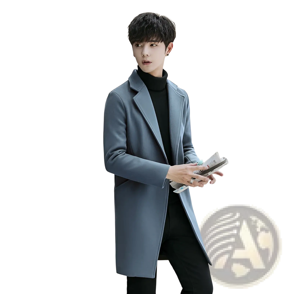 A sleek medium-length gray wool mens slim fit trench coat with classic notched lapel and tailored fit