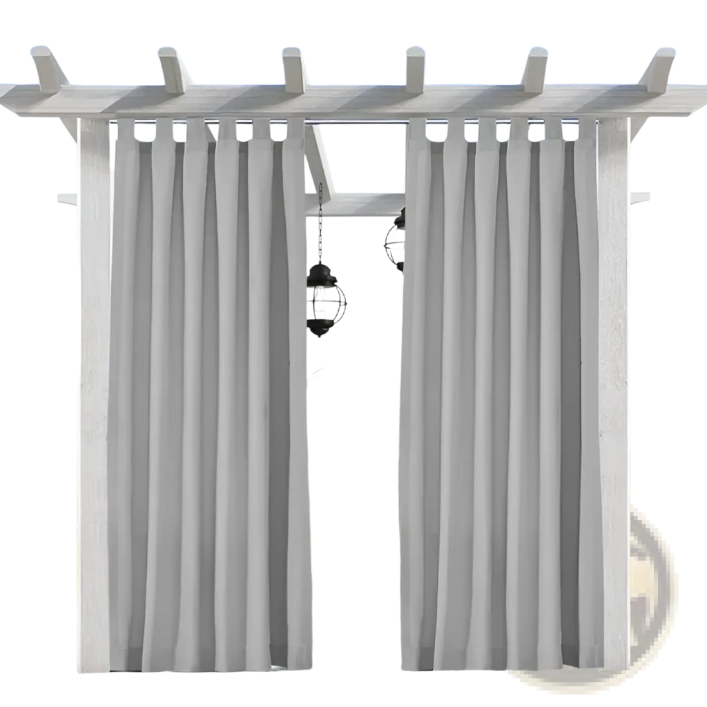Light gray woolen outdoor blackout curtains with vertical pleats and straps hanging from a white pergola