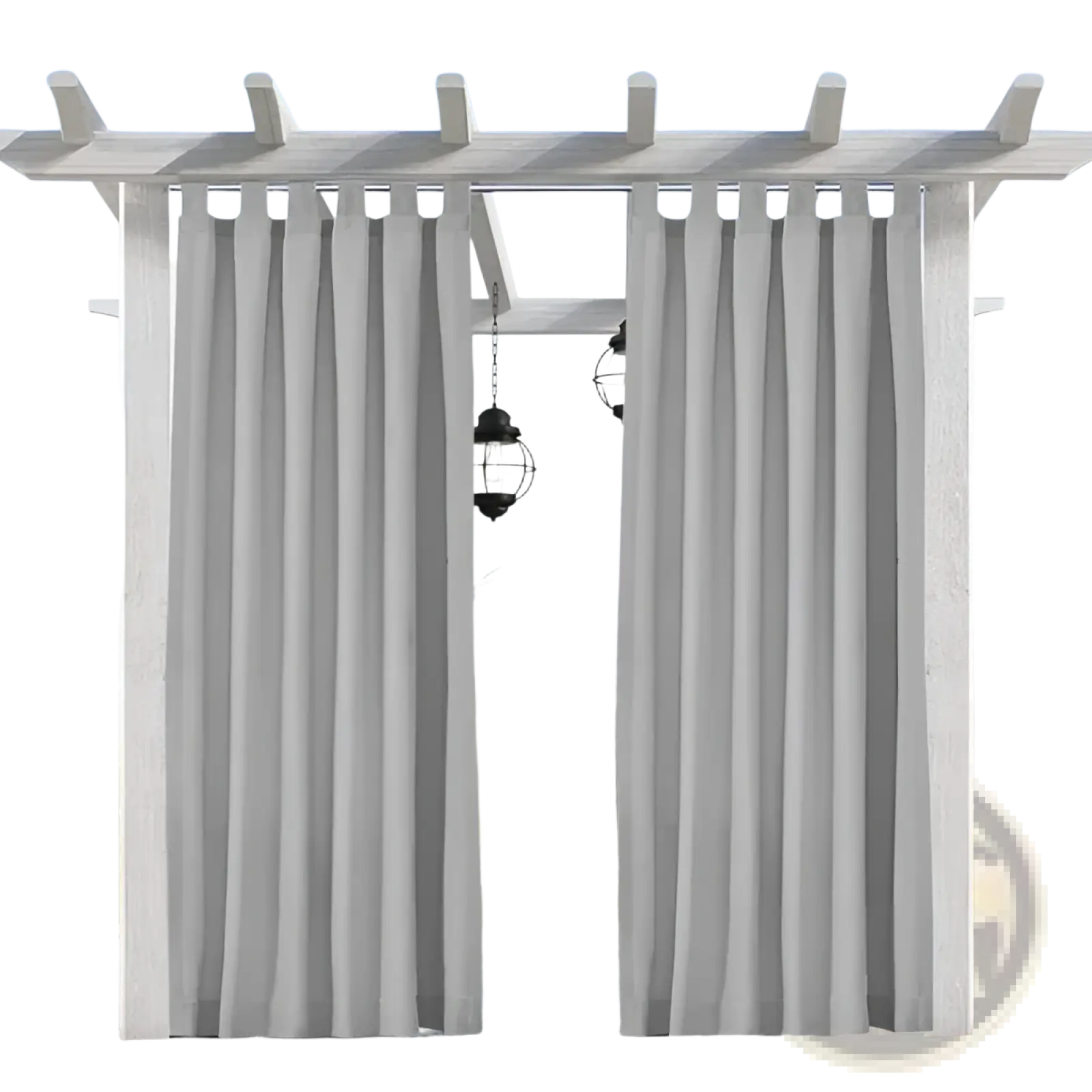 Light gray woolen outdoor blackout curtains with vertical pleats and straps hanging from a white pergola