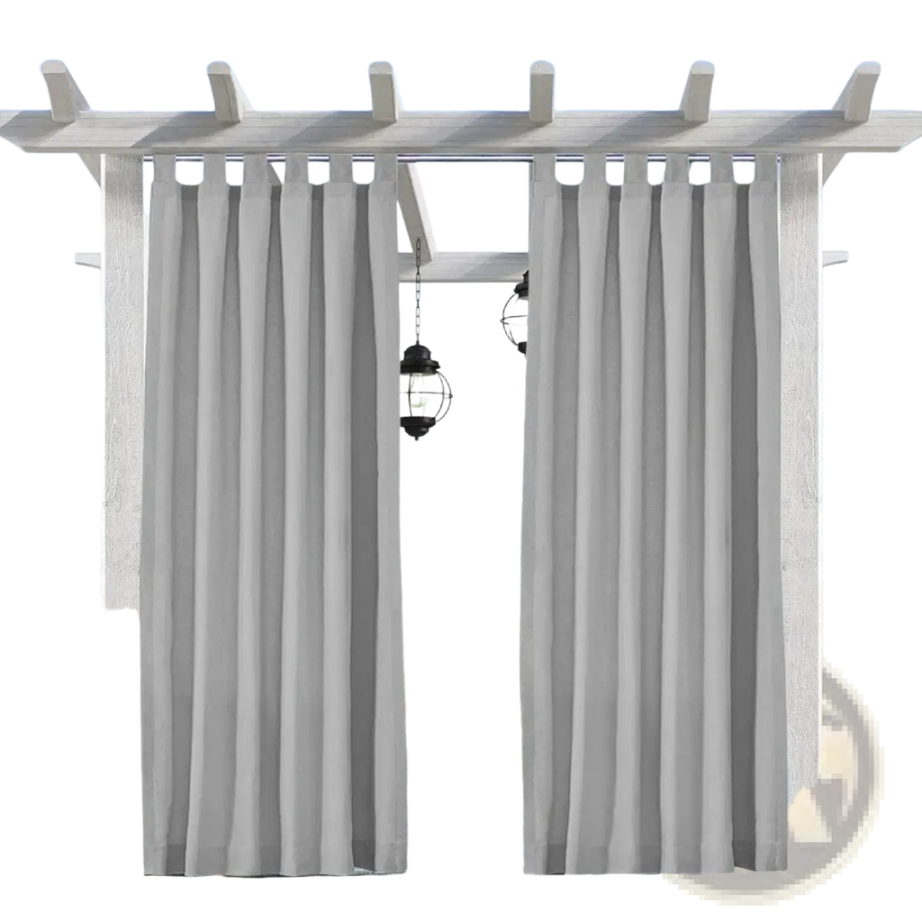 Light gray woolen outdoor blackout curtains with vertical pleats hanging from a white wooden pergola with straps