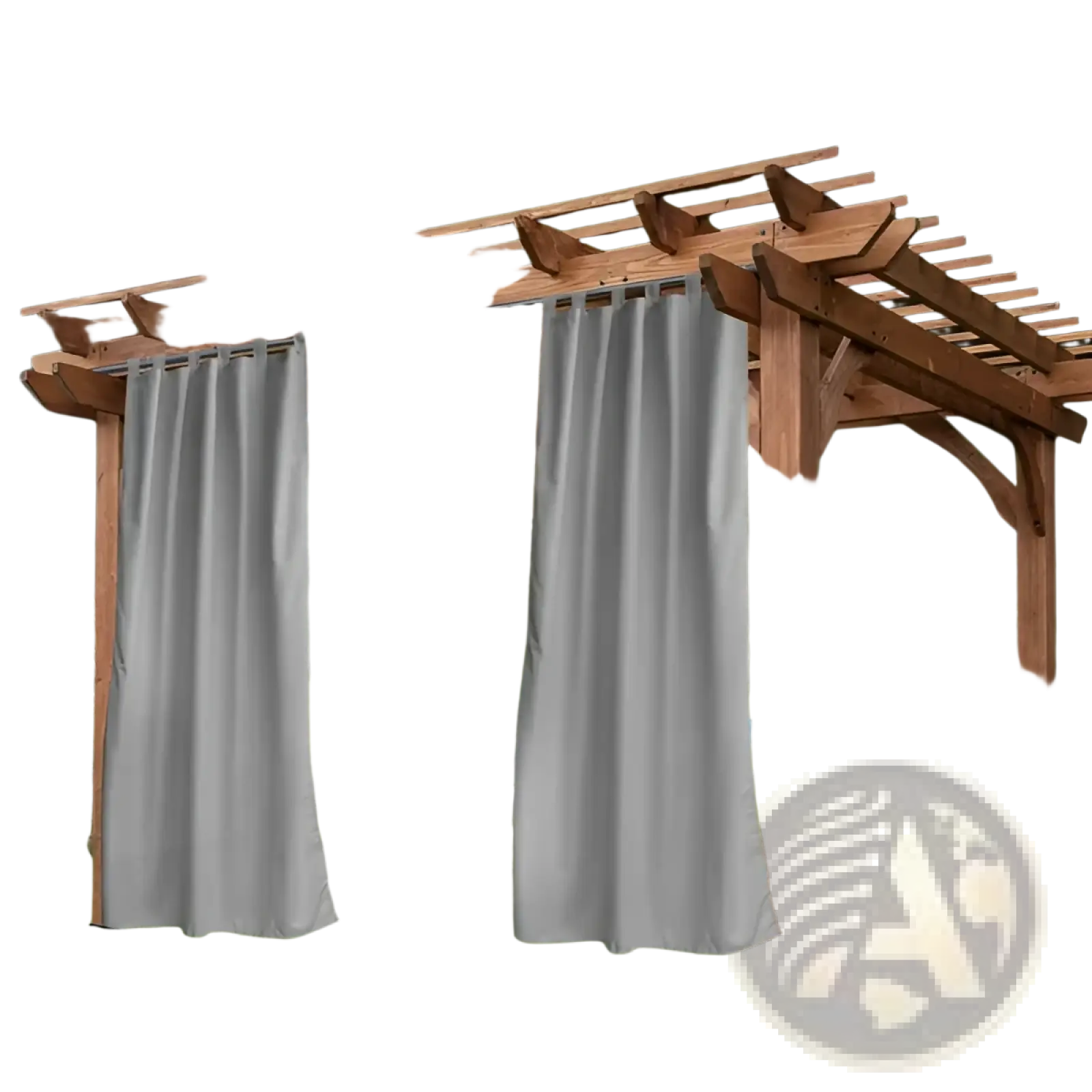 Gray woolen outdoor blackout curtains with straps hanging from a wooden pergola for patio use