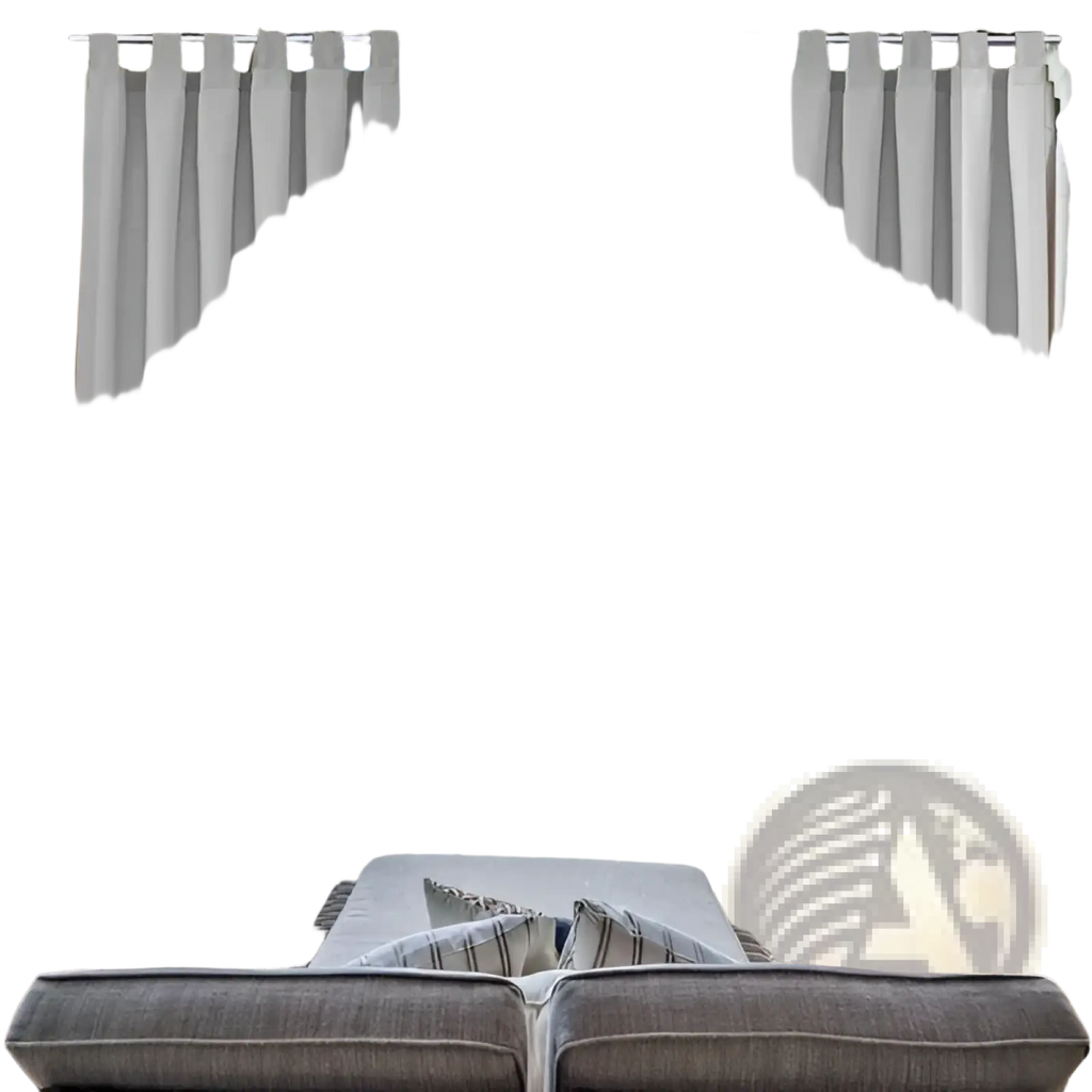 Light gray woolen outdoor blackout curtains with vertical pleats and reinforced top tabs for easy hanging