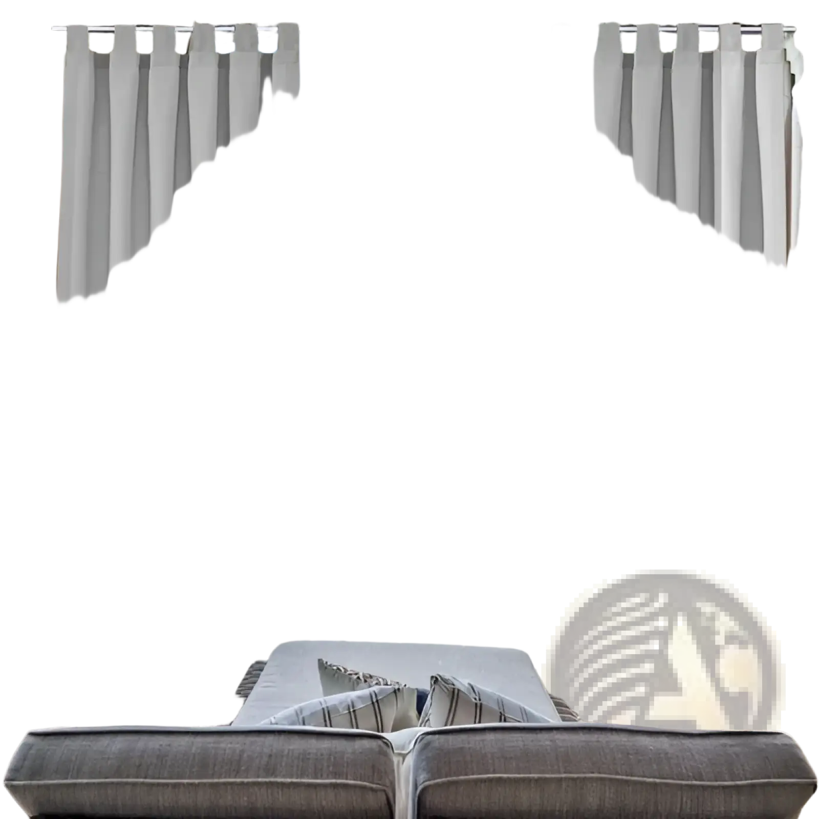 Light gray woolen outdoor blackout curtains with vertical pleats and reinforced top tabs for easy hanging