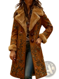 A tan suede woolen overcoat with floral embroidery and plush faux fur collar for winter wear