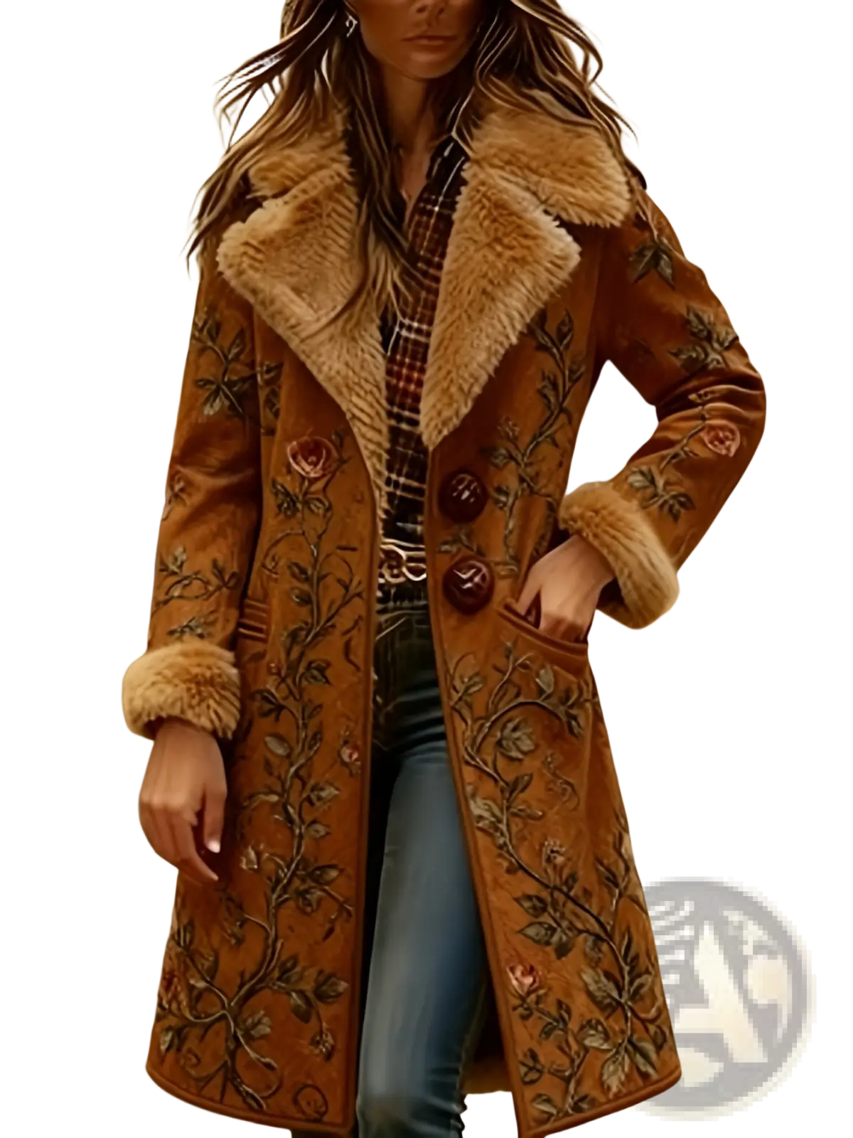 A tan suede woolen overcoat with floral embroidery and plush faux fur collar for winter wear