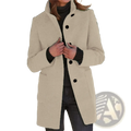 Beige woolen stand collar winter coat for women with black buttons and ribbed cuffs crafted from wool blend material
