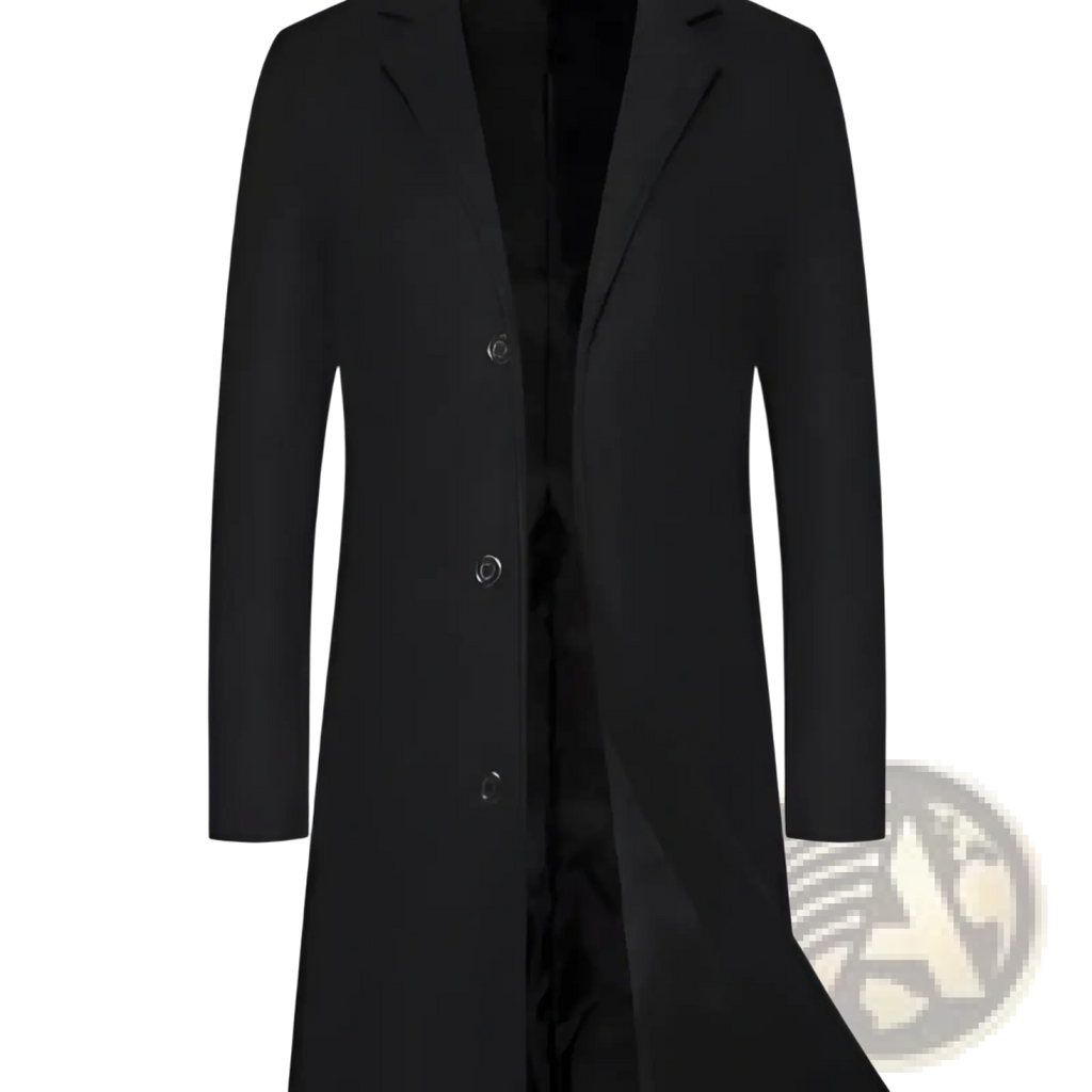 Black woolen trench coat above the knee with a notched collar and three front buttons in wool material