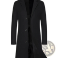 Black woolen trench coat above the knee with a notched collar and three front buttons in wool material