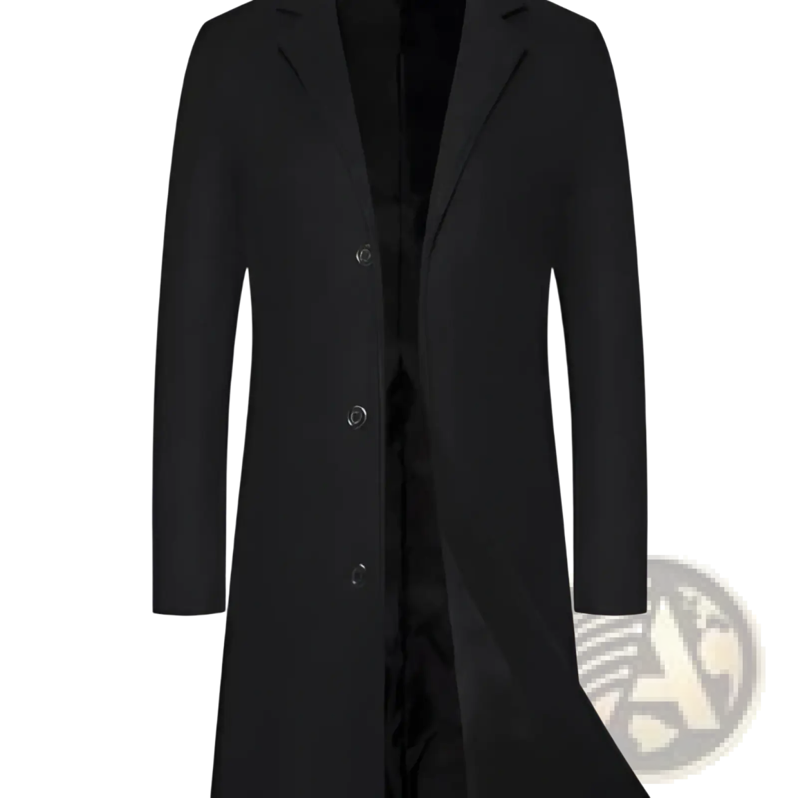 Black woolen trench coat above the knee with a notched collar and three front buttons in wool material