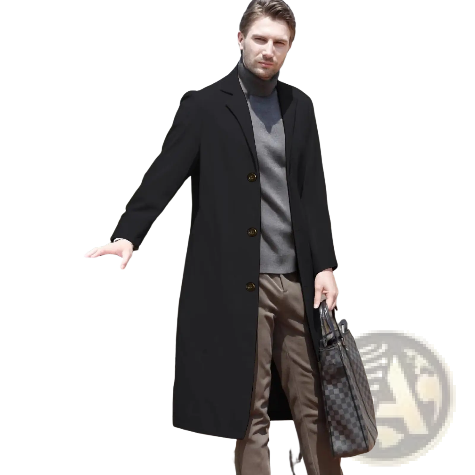 Black woolen trench coat above the knee with gold-toned buttons featuring a classic wool fabric design
