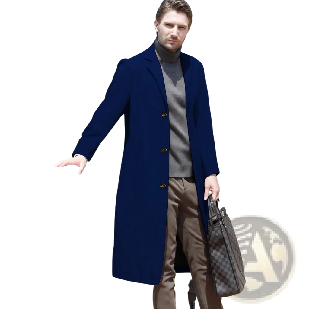 Navy blue woolen trench coat above the knee with gold toned buttons made of wool for formal outerwear