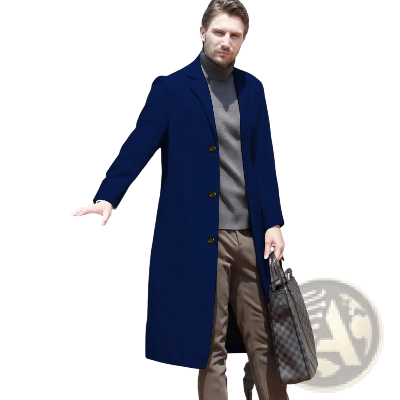 Navy blue woolen trench coat above the knee with gold toned buttons made of wool for formal outerwear
