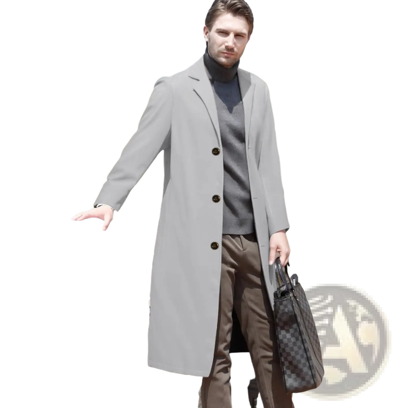 A sleek light gray woolen trench coat above the knee with black buttons made of wool material