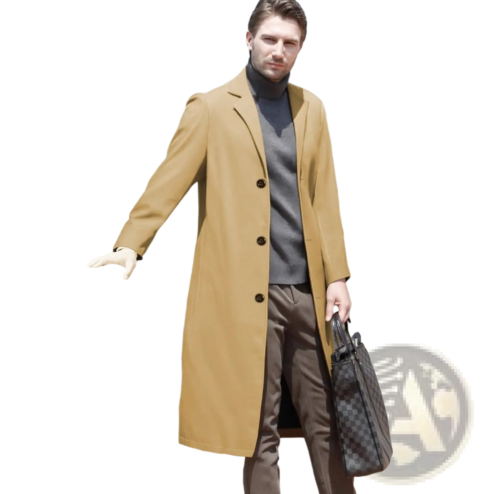 Woolen trench coat above the knee made of tan wool with black buttons and a notched lapel collar