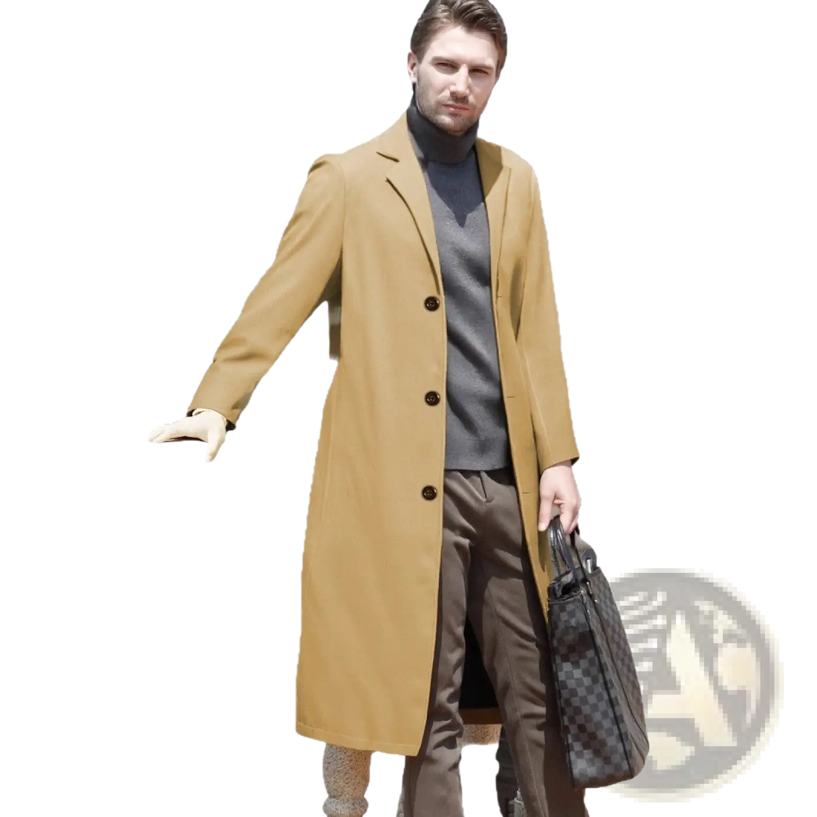 Tan woolen trench coat above the knee featuring a classic notched lapel and black buttons in wool material