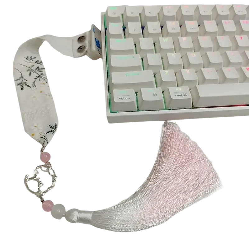 Wooting keyboard ribbon dragon design custom strap with delicate white fabric keychain, black embroidery, beads, charm, and tassel