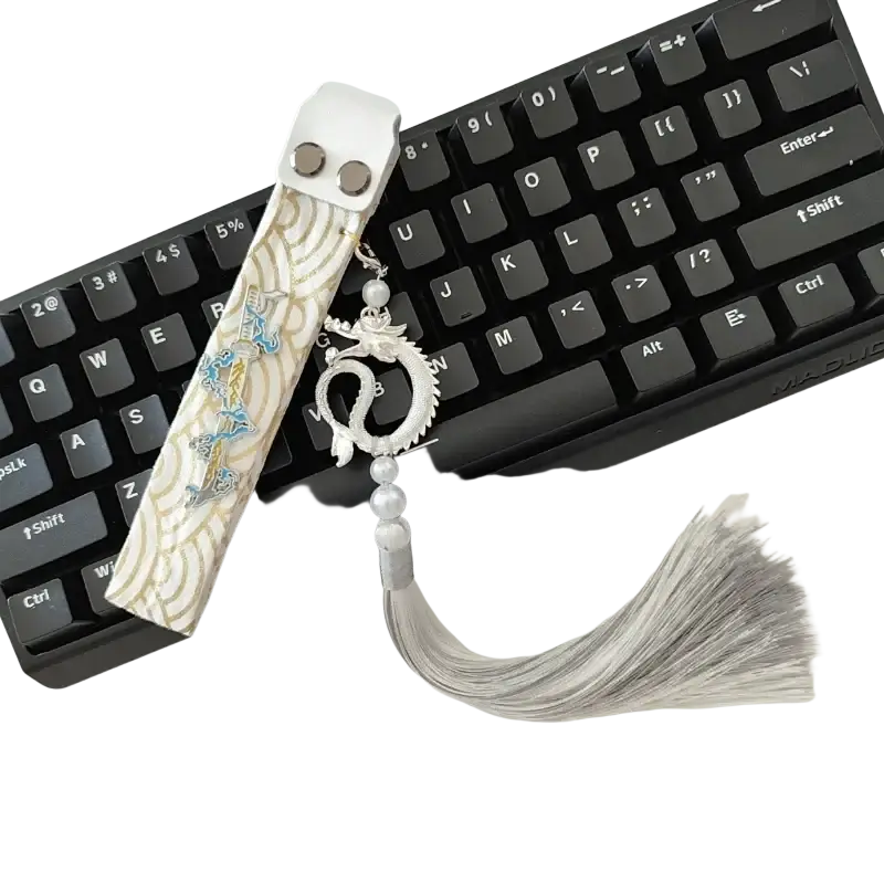 Wooting keyboard ribbon dragon design custom strap in white and gold with silver dragon charm and pearl accents