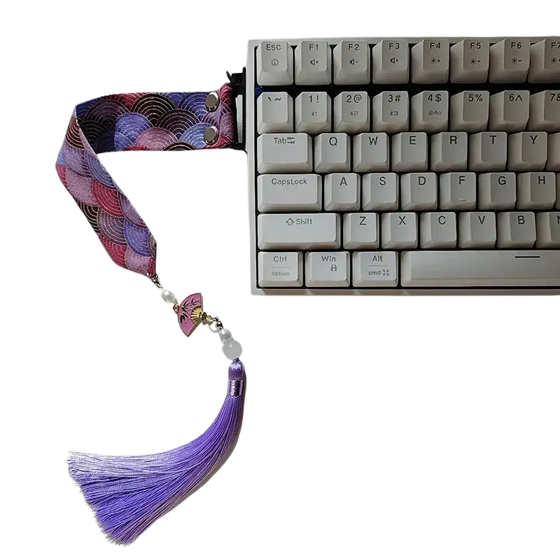 Wooting keyboard ribbon dragon design custom strap featuring purple and pink fabric with tassel pearl beads and fan charm