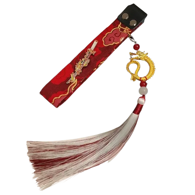 Red and gold embroidered sword-themed keychain with dragon charm and red white tassel for wooting keyboard strap