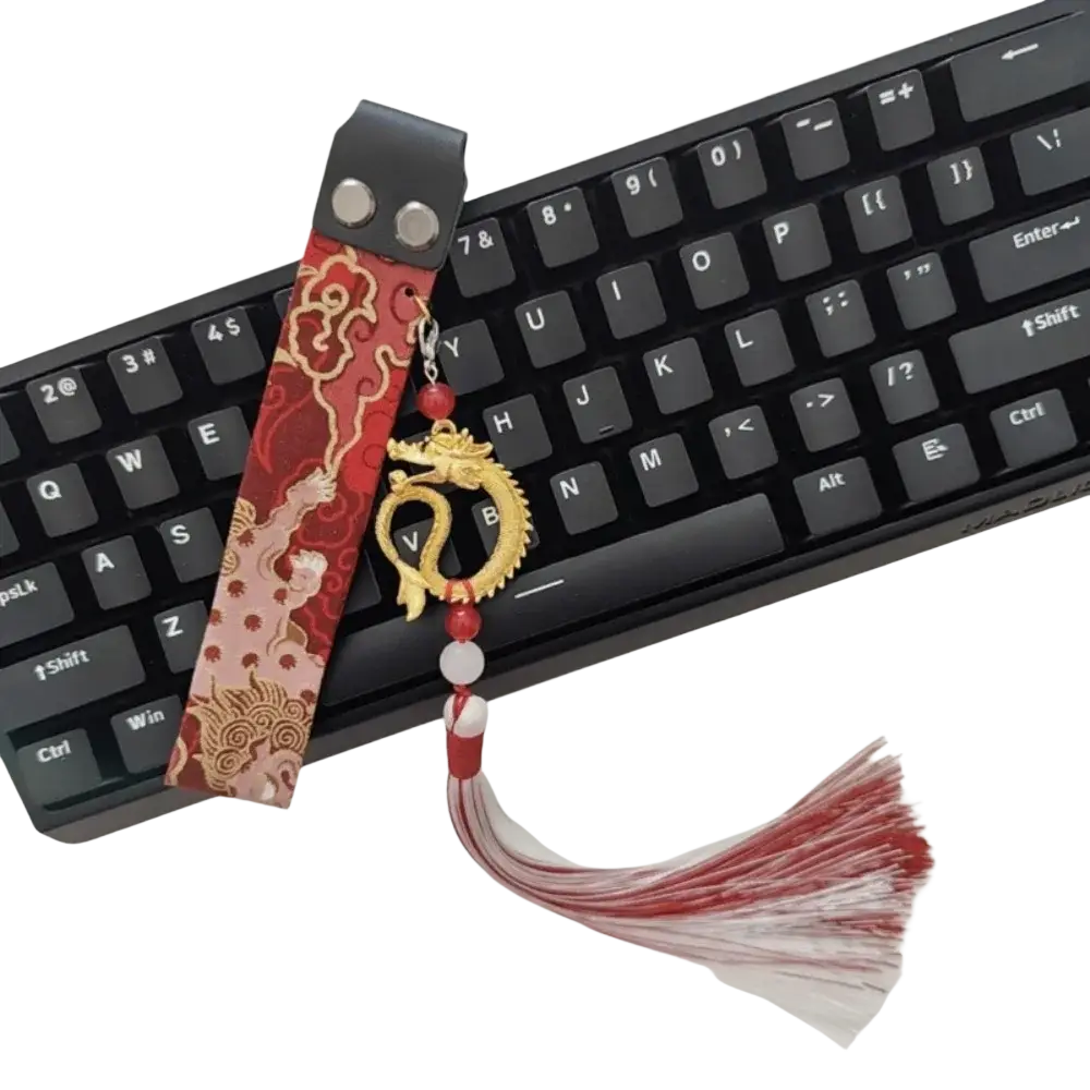 Wooting keyboard ribbon dragon design custom strap in red and gold with golden dragon charm and matching tassel