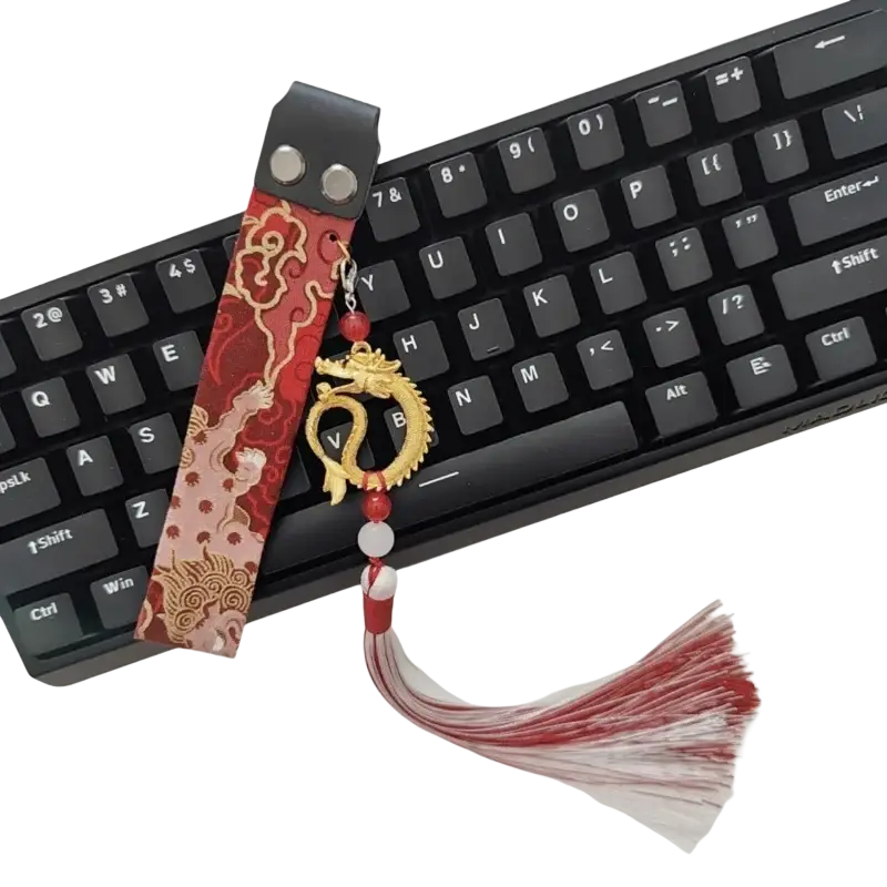 Wooting keyboard ribbon dragon design custom strap in red and gold with a golden dragon charm and jade-like bead