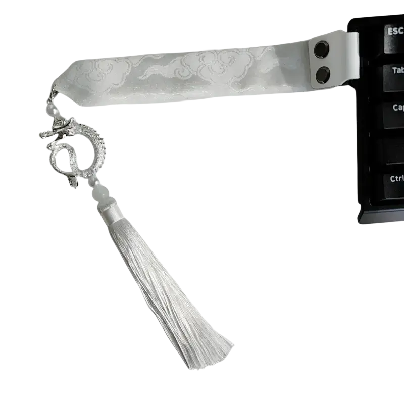 Wooting keyboard ribbon dragon design custom strap featuring silver dragon embroidery on white satin with tassel