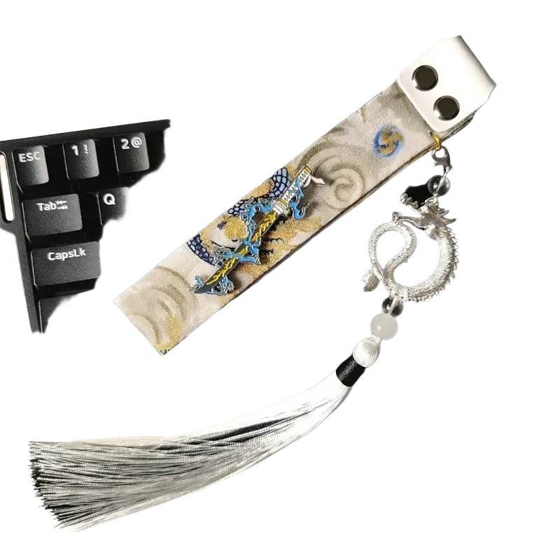 Wooting keyboard ribbon dragon design custom strap with silver dragon embroidery blue and gold thread white tassel and crystal beads