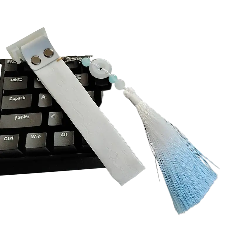 White fabric bookmark with silver metal clasp light blue and white beads and gradient tassel for wooting keyboard strap