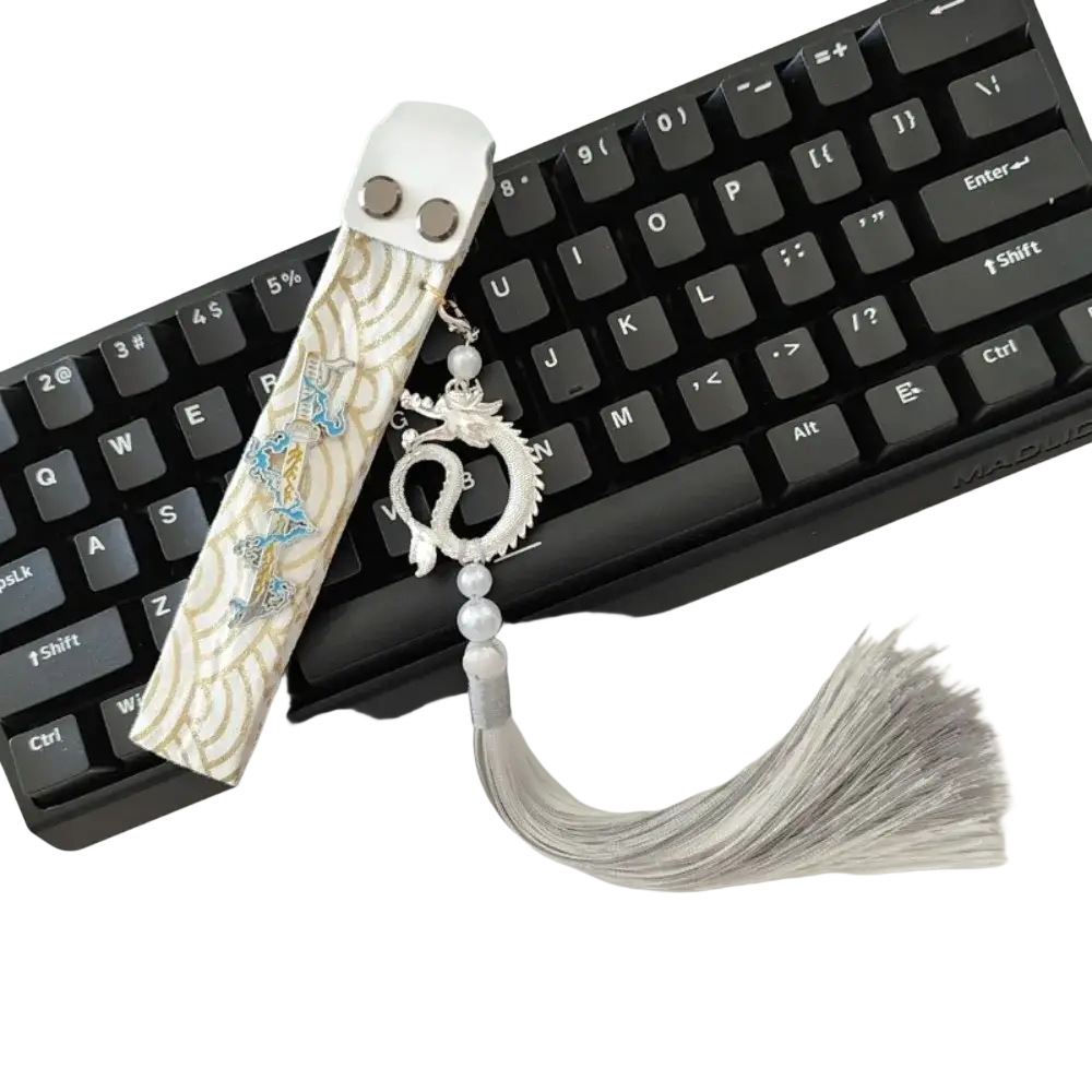 Wooting keyboard ribbon dragon design custom strap featuring a white and gold dragon theme with a silver tassel