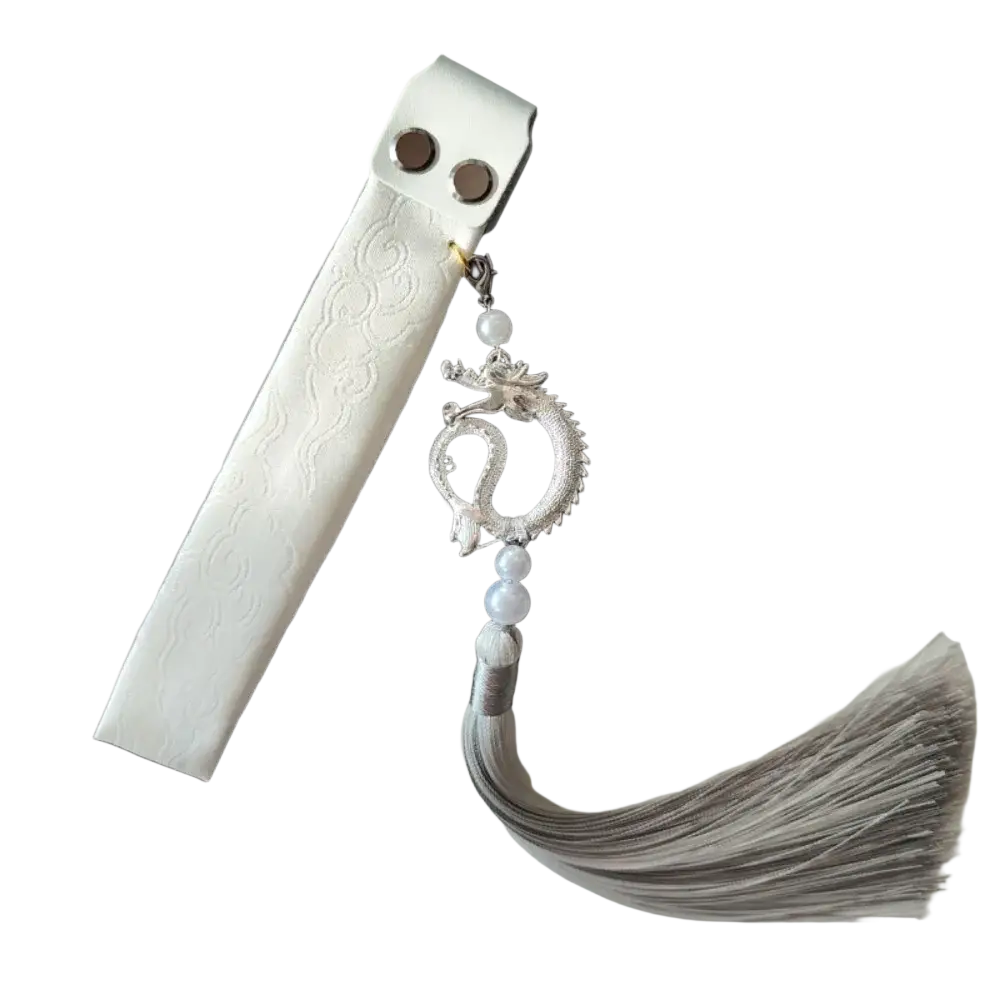 White leather Wooting keyboard ribbon bookmark with silver dragon charm and gray tassel custom strap design