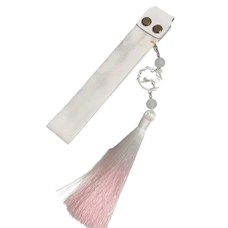 Wooting keyboard ribbon dragon design custom strap with white leather, silver metal hardware, and pink gradient tassel accessory