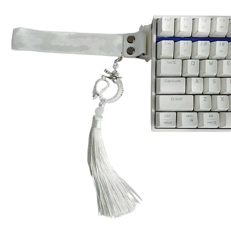 White satin keyboard wrist strap with silver dragon charm and tassel for wooting custom dragon design keyboard ribbon