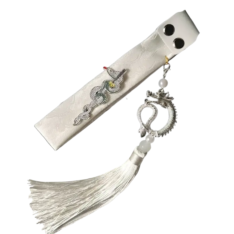 White satin wooting keyboard ribbon with silver dragon and snake embellishments pearl beads and matching tassel