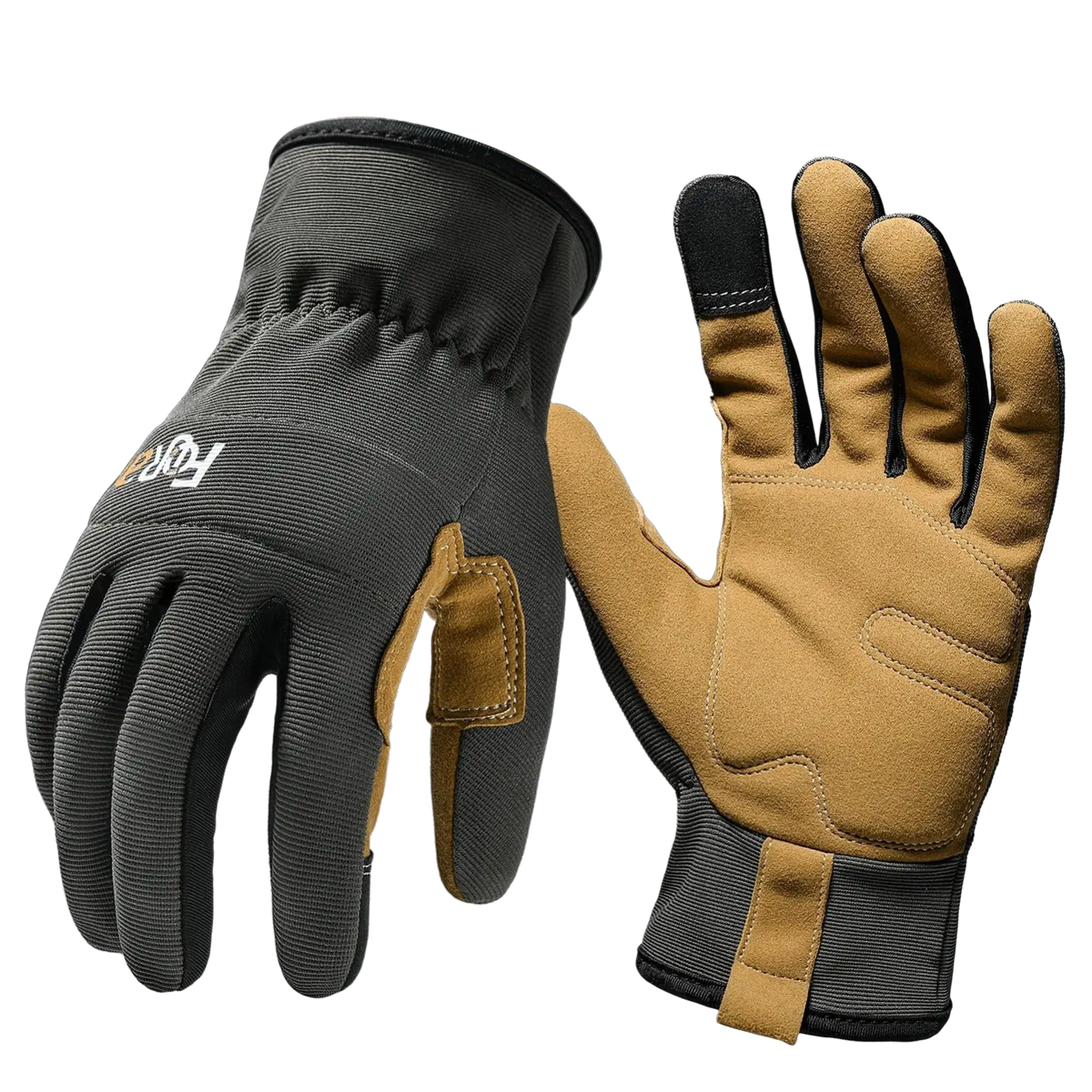 Black and tan work gloves with reinforced palm patches and snug wrist cuff designed for touch screen and breathable dexterity