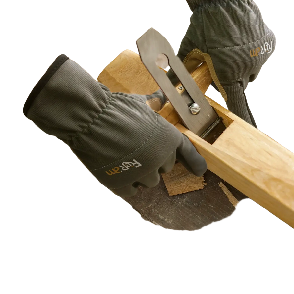 Gray breathable work gloves with reinforced stitching and subtle brand logo shown from the back side for dexterity