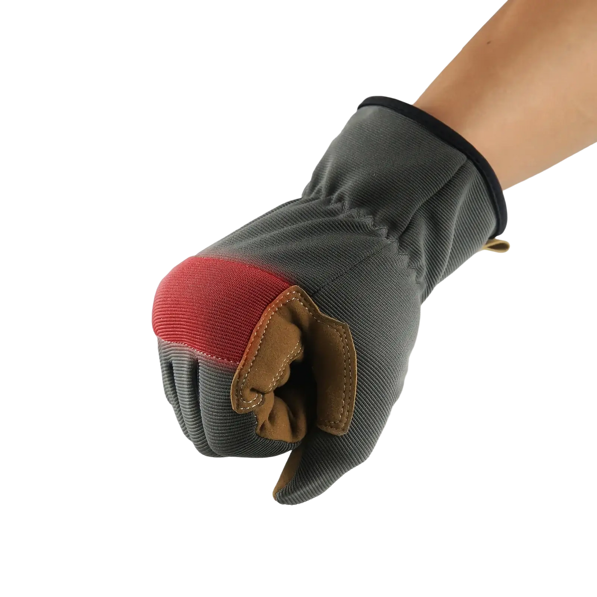 Gray work glove with red and brown reinforced knuckle padding showing back side for touch screen breathable dexterity use