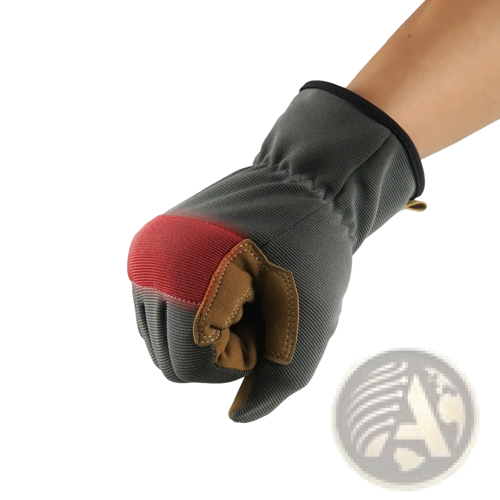 Gray work glove with red and brown reinforced knuckle padding showing back side for touch screen breathable dexterity use