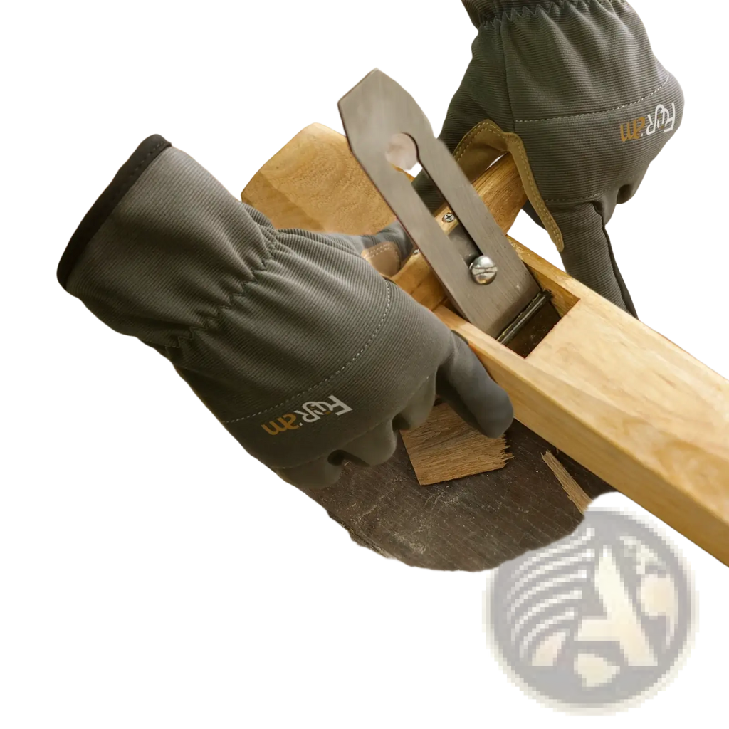 Gray breathable work gloves with reinforced stitching and subtle brand logo shown from the back side for dexterity