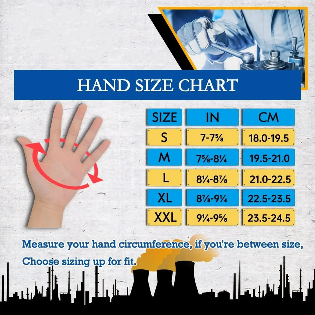 Hand size chart in inches and centimeters for work gloves touch screen breathable dexterity sizes s to xxl with hand illustration